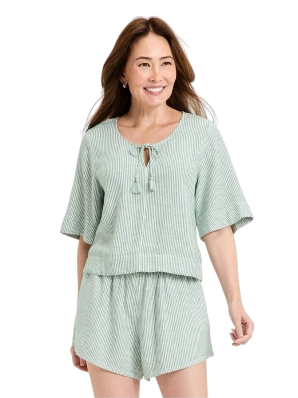 Universal Thread Bell Elbow Sleeve Striped Keyhole Linen Top Size Medium